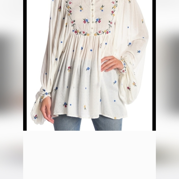 Free People White Blouse with Floral Embroidery & Balloon Sleeves | Size Small - Picture 2 of 6